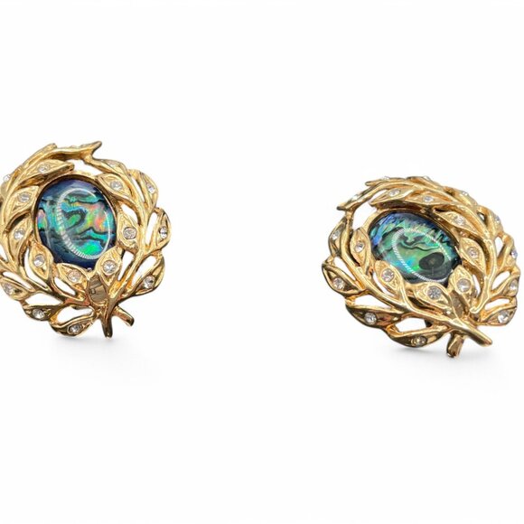 Vintage BUTLER Rhinestone Wreath with Abalone Gold Tone Oval Clip On Earrings - Picture 3 of 10